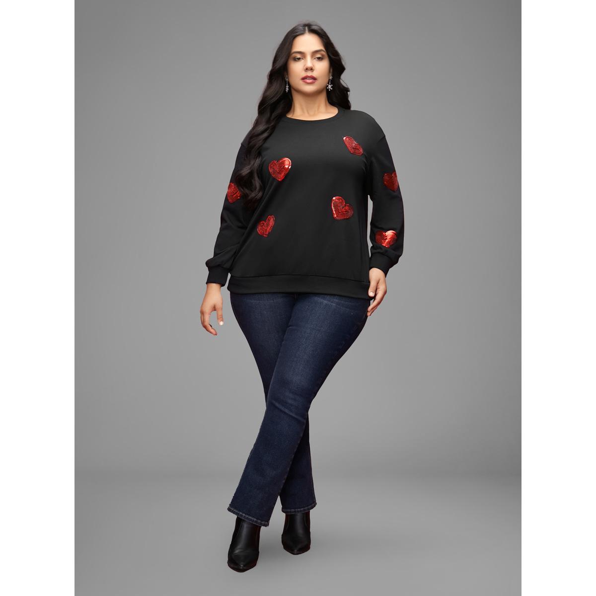 Plus Size Sequin Heart Embellished Puffy Sleeves Sweatshirt Women Black Casual Round Neck Everyday Sweatshirts BloomChic 18-20/2X Product Image