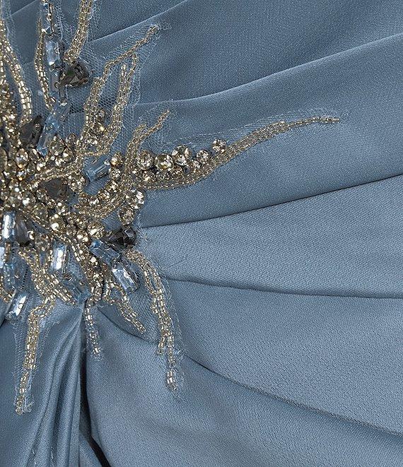 Terani Couture Satin Off The Shoulder Neck Short Sleeve Front Rhinestone Drape Gown Product Image