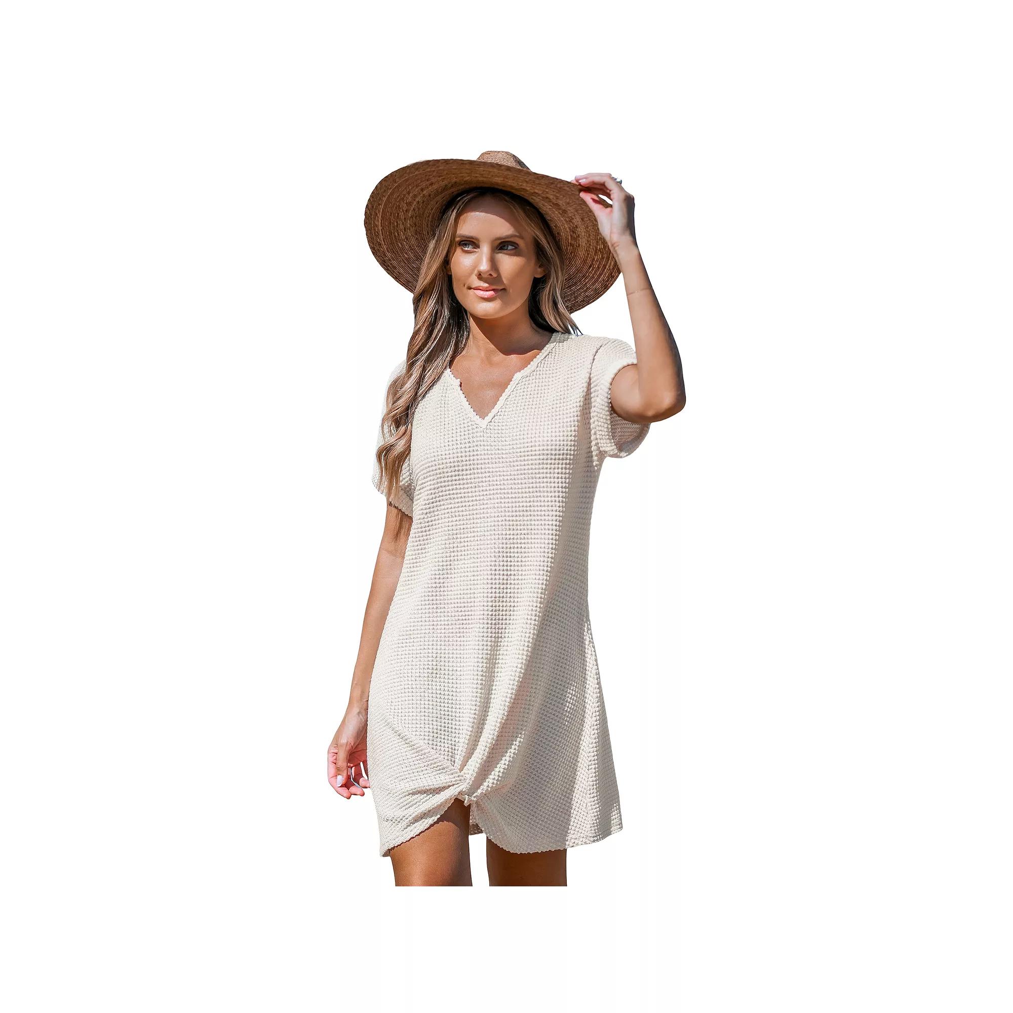 Women's Cupshe Waffle Knit Short Sleeve Twist Hem Swim Cover-Up, Size: Large, Beige Khaki Product Image