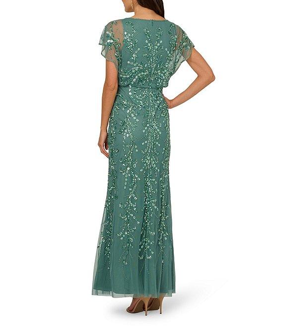 Adrianna Papell Beaded Mesh Boat Neck Flutter Sleeve Blouson Dress Product Image