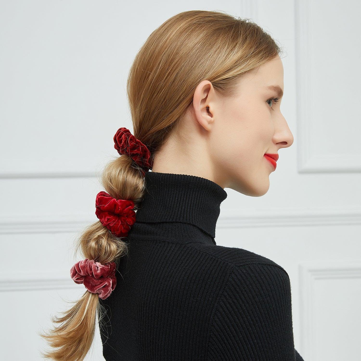 Silk Velvet Handmade Scrunchie Set of Two | 0.8 Inch & 2 Inch | Lipstick Collection Product Image
