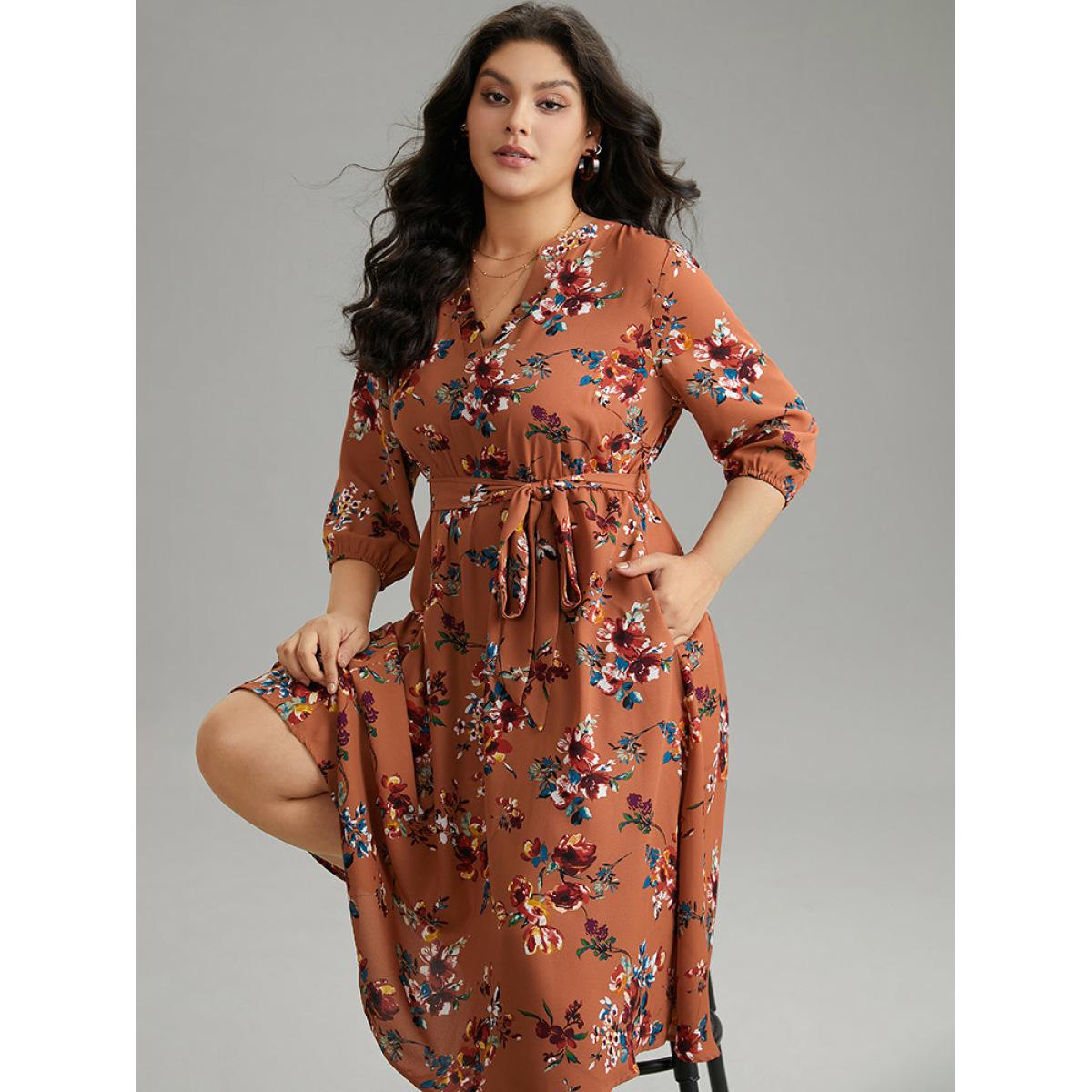 Plus Size Floral Notched Belted Elastic Waist Dress Chocolate Women Elegant Elastic cuffs Notched collar Elbow-length sleeve Curvy Midi Dress BloomChic 22-24/3X Product Image