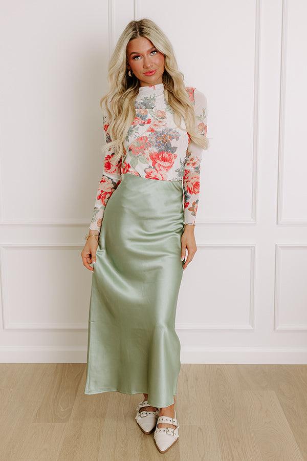 The Tiffany High Waist Satin Midi Skirt in Sage Product Image
