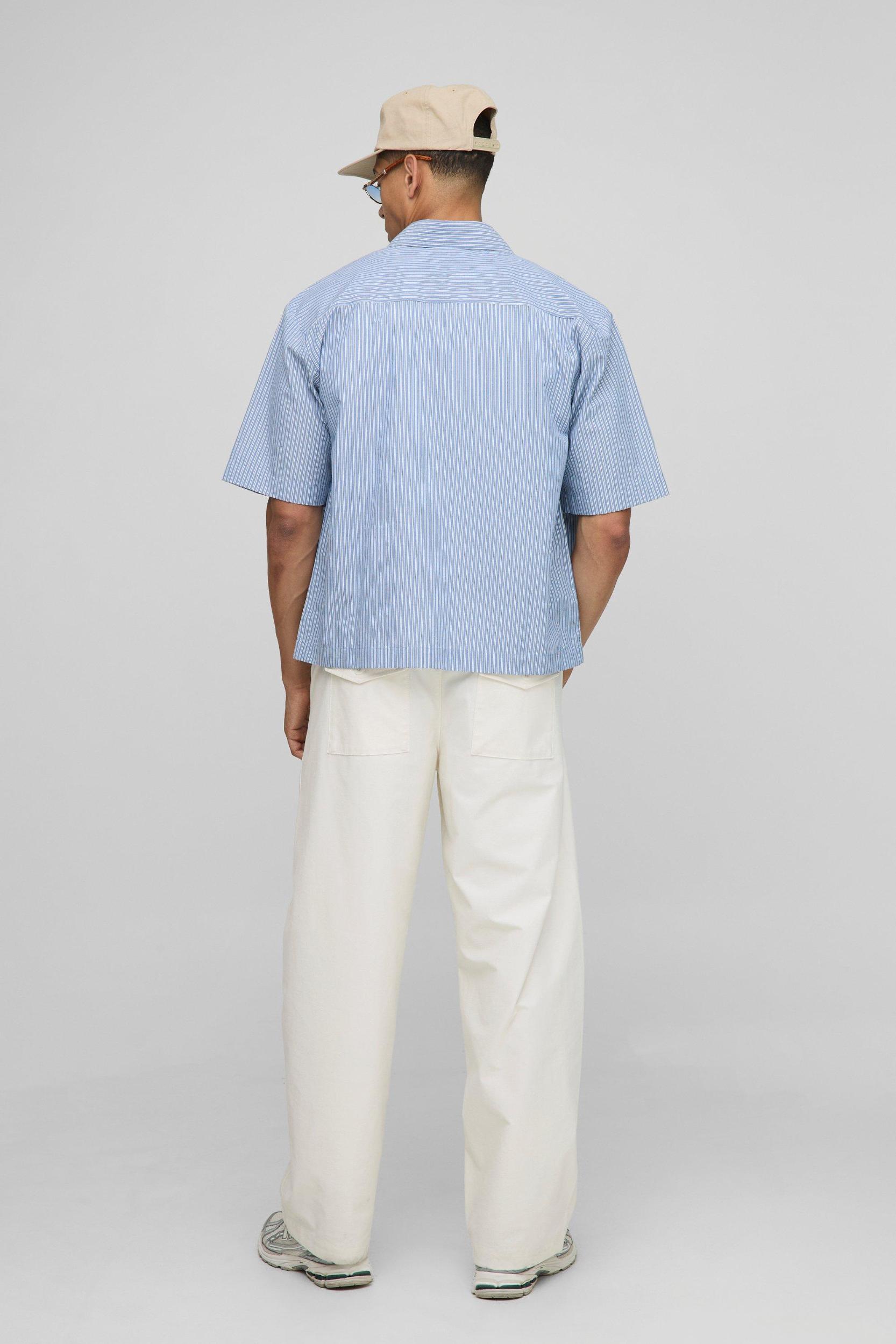 Oversized Half Sleeve Stripe Collared Shirt | boohooMAN USA Product Image