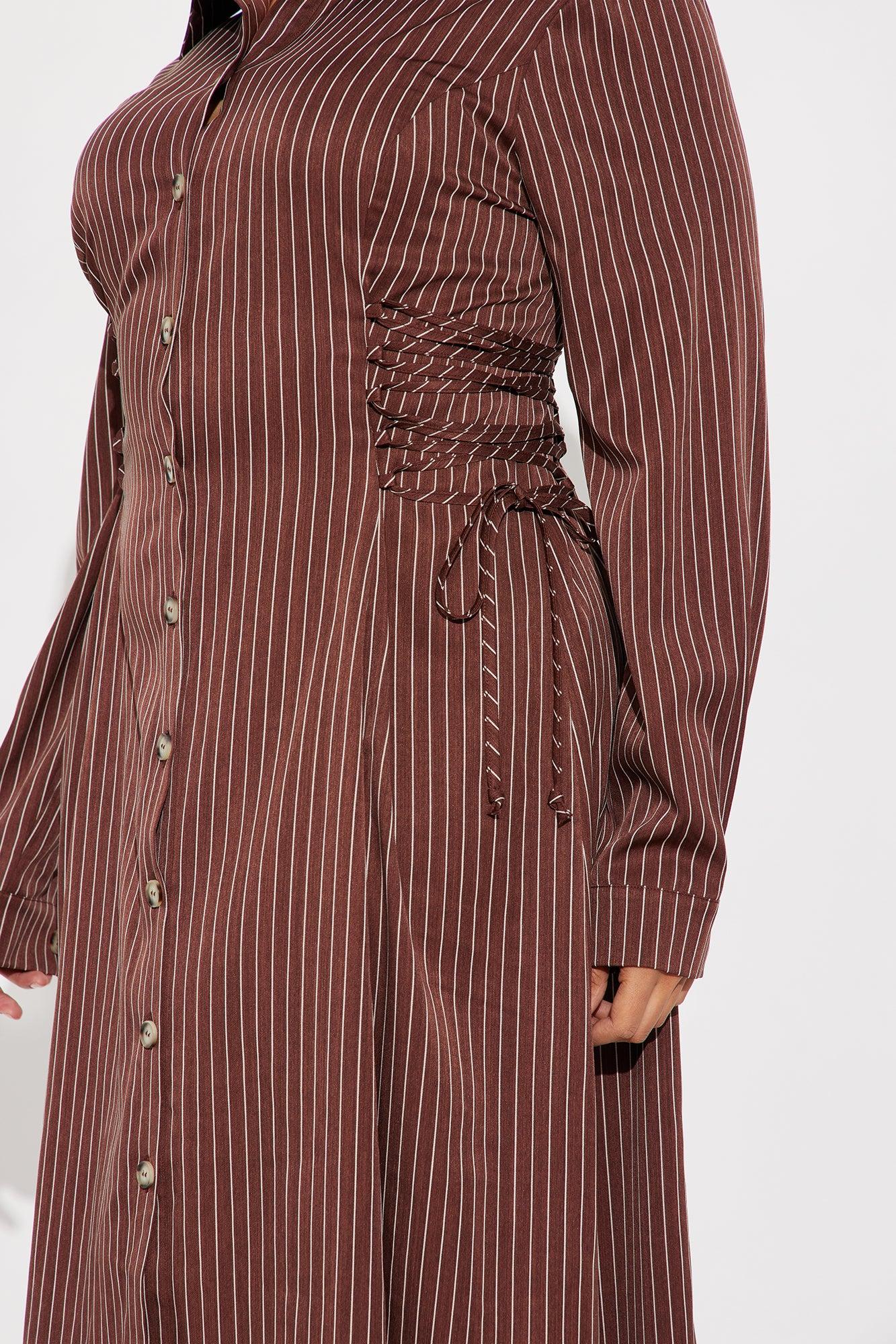 Veda Lace Up Pinstripe Midi Dress - Chocolate/Combo Female Product Image