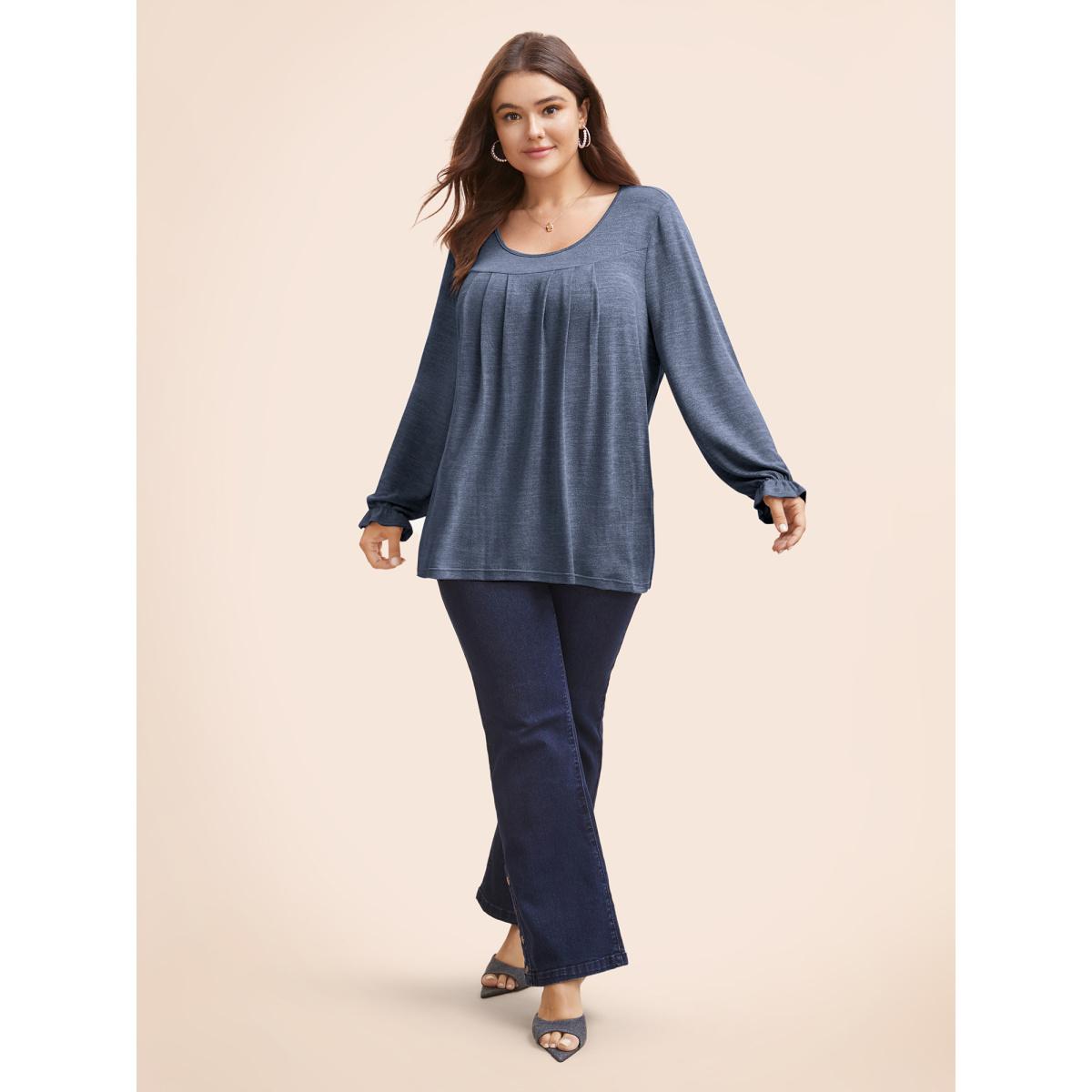Plus Size Round Neck Heather Pleated T-shirt Indigo Women Leisure Pleated Round Neck Loose Casual T-shirts BloomChic 26/4X Product Image