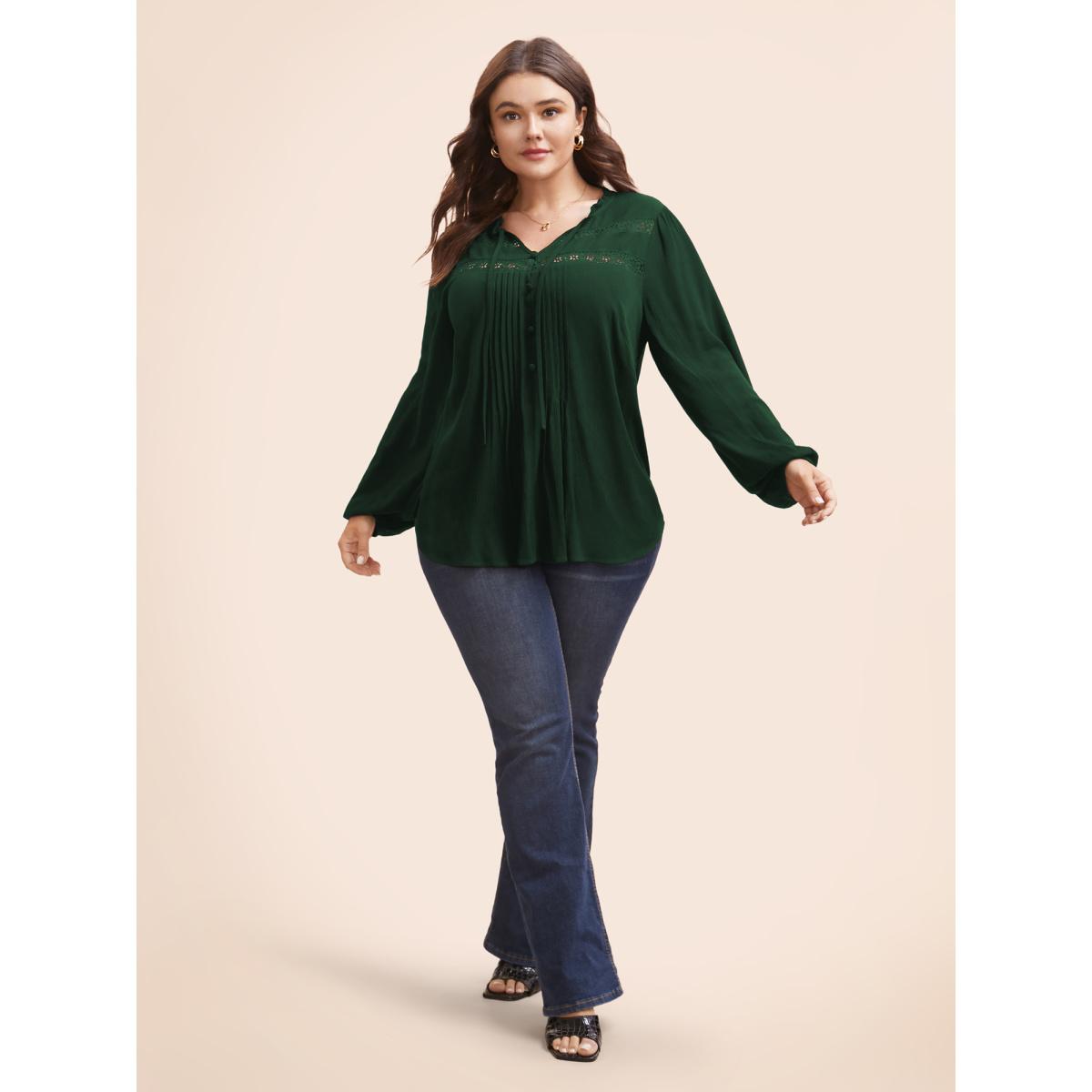 Plus Size DarkGreen Lace Patchwork Pleated Ruffles Blouse Women Timeless Long Sleeve V-neck Elegant Blouses BloomChic 12/L Product Image