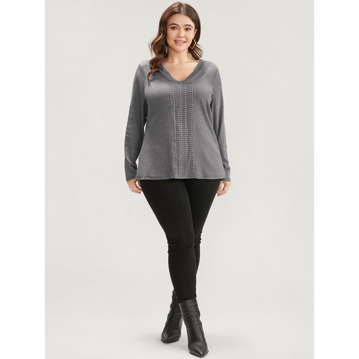 Plus Size Solid V Neck Crochet Lace Rib Knit Long Tee Gray Women Elegant Patchwork Plain V-neck Dailywear T-shirts BloomChic 10/M Product Image