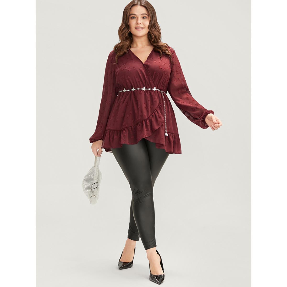 Plus Size Burgundy Star Mesh Lantern Sleeve Surplice Neck Ruffle Hem Blouse Women Glamour Long Sleeve V-neck Going out Blouses BloomChic 26/4X Product Image