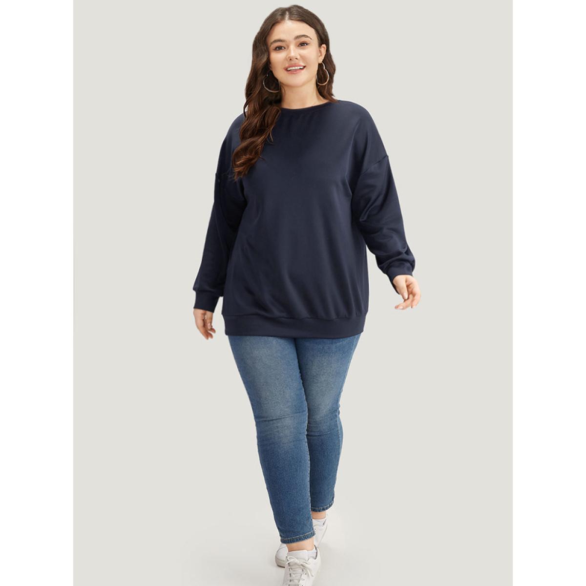 Plus Size Solid Button Detail Patchwork Sweatshirt Women Indigo Casual Elastic cuffs Round Neck Dailywear Sweatshirts BloomChic 14-16/1X Product Image