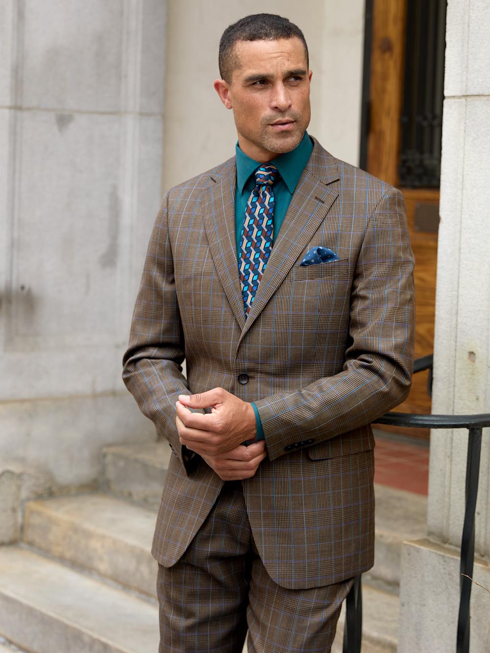 Wool Blend Plaid Single Breasted Notch Lapel Suit Jacket - Brown/blue Product Image