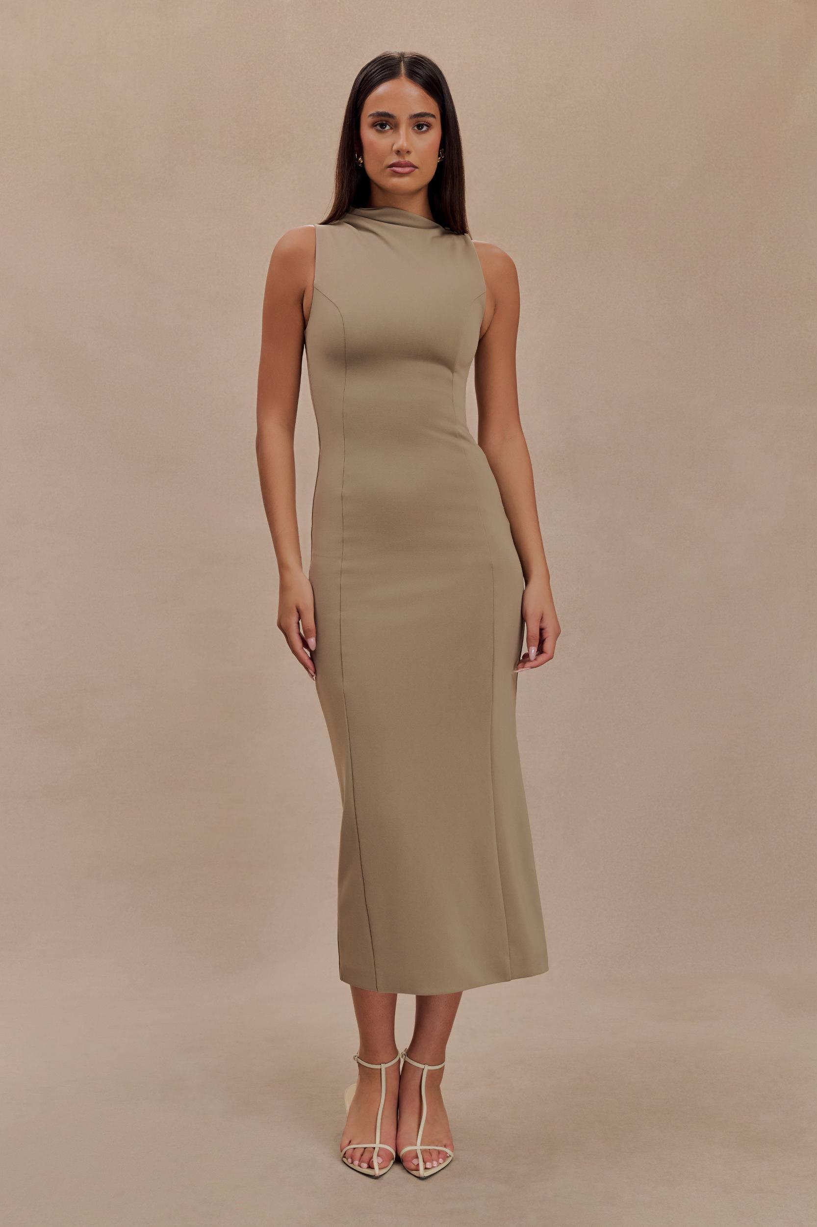 Taylor Draped Stretch Crepe Midi Dress - Mushroom Product Image