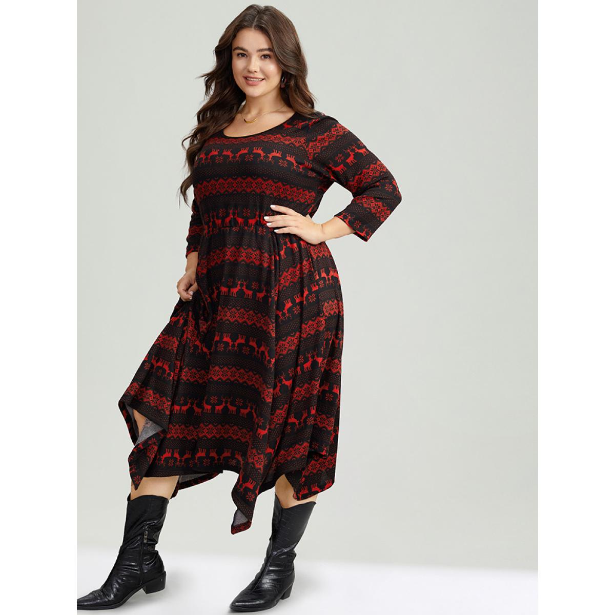 Plus Size Christmas Elk Elastic Waist Hanky Hem Dress Scarlet Women Casual Printed Round Neck Elbow-length sleeve Curvy Midi Dress BloomChic 18-20/2X Product Image