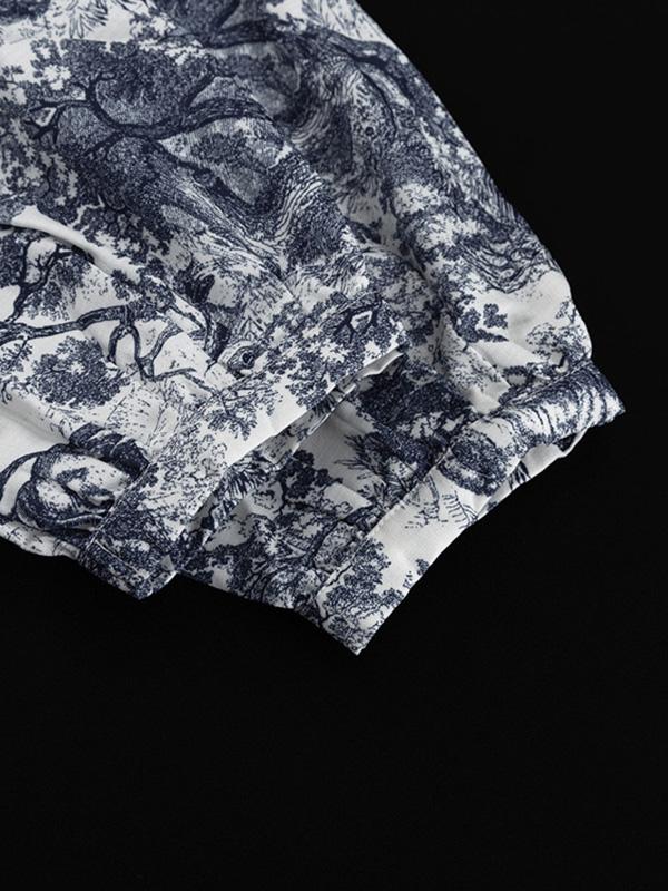 Loose Puff Sleeves Pleated Printed Split-Joint Tied Waist Lapel Mini Dresses Shirt Dress Product Image