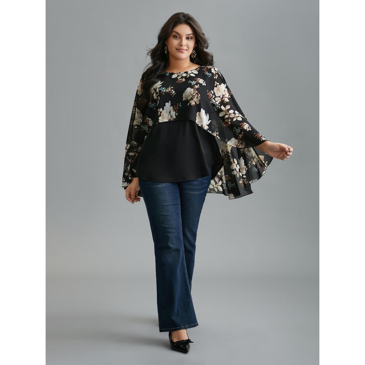 Plus Size Black Floral Chiffon High Low Hem Ruffles Blouse Women Romantic Three Quarter Length Sleeve Round Neck Elegant Blouses BloomChic 12/L Product Image