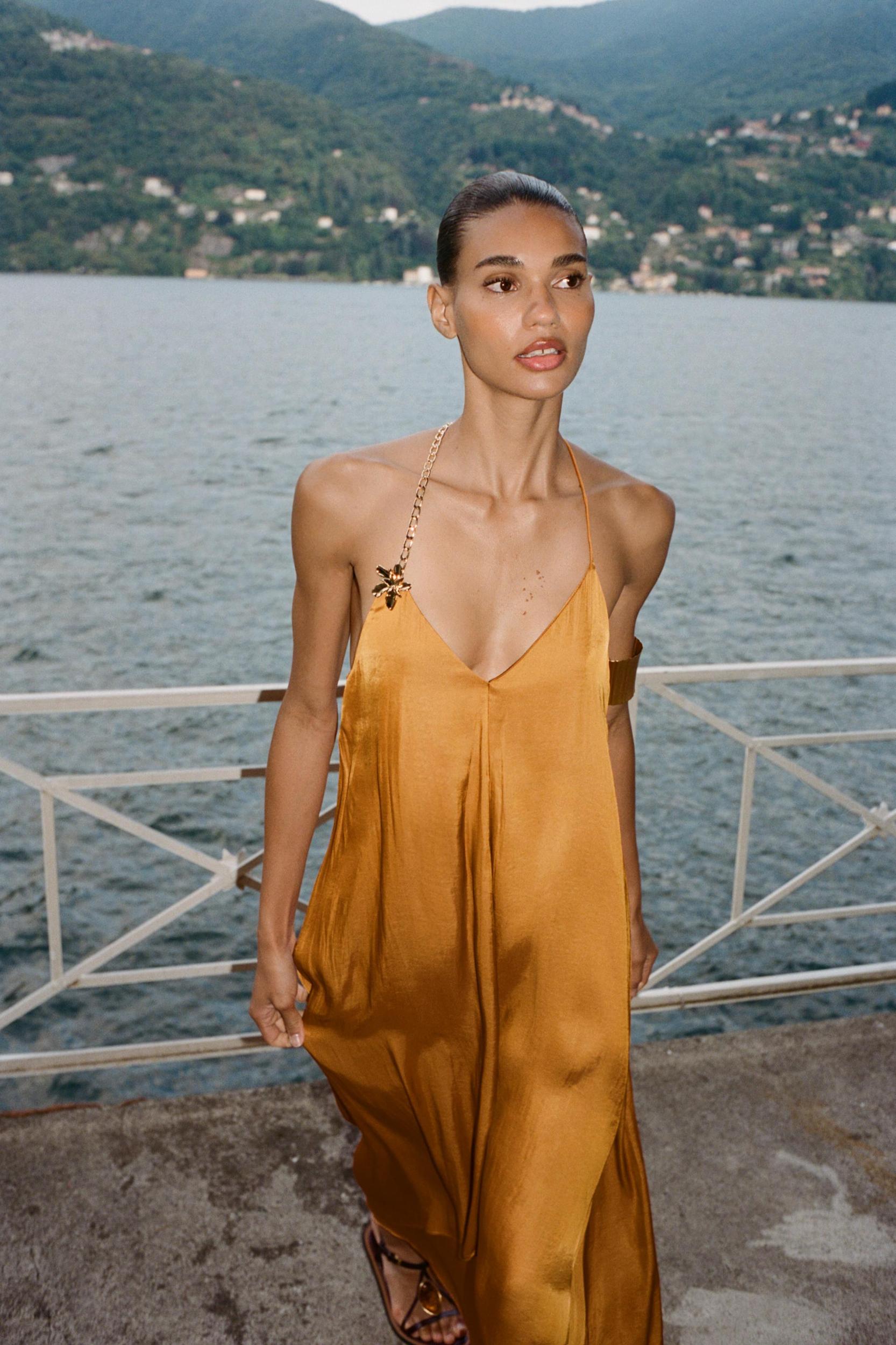 SATIN EFFECT MIDI DRESS WITH TRIM Product Image