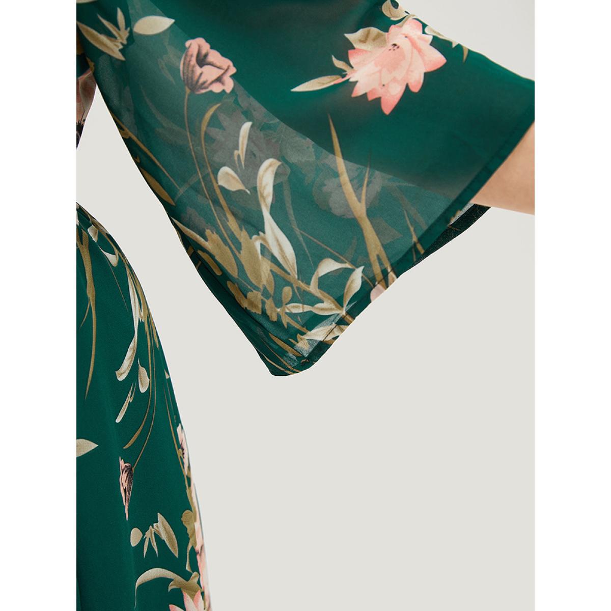 Plus Size Floral Print Surplice Neck Belted Dress DarkGreen Women Elegant Lined V-neck Elbow-length sleeve Curvy Midi Dress BloomChic 22-24/3X Product Image