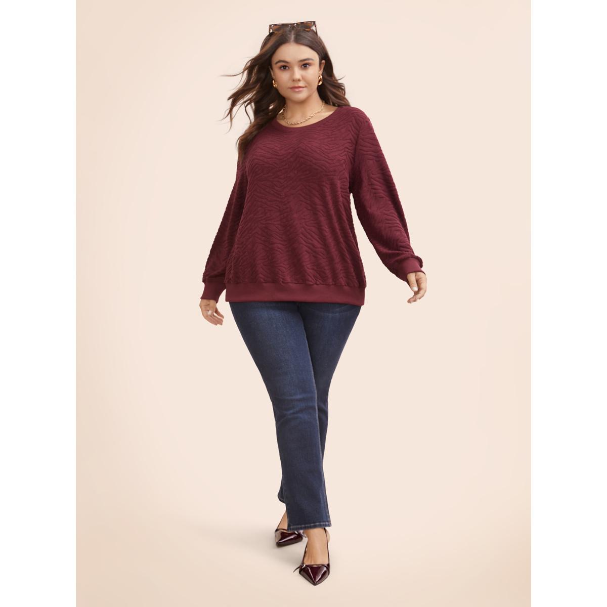 Plus Size Animal Print Textured Crew Neck Sweatshirt Women Burgundy Casual Patchwork Round Neck Everyday Sweatshirts BloomChic 22-24/3X Product Image