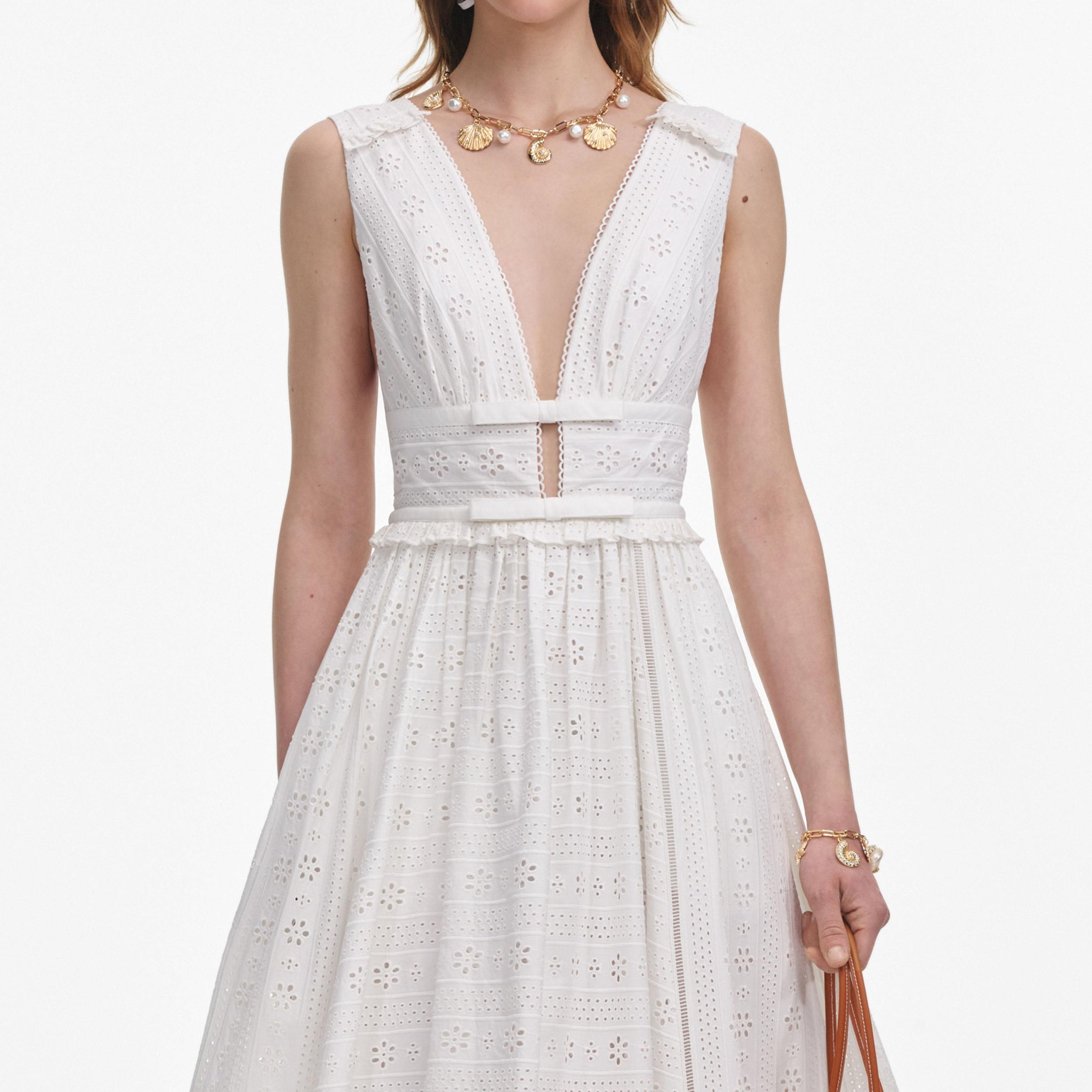 White Cotton Broderie Midi Dress Product Image