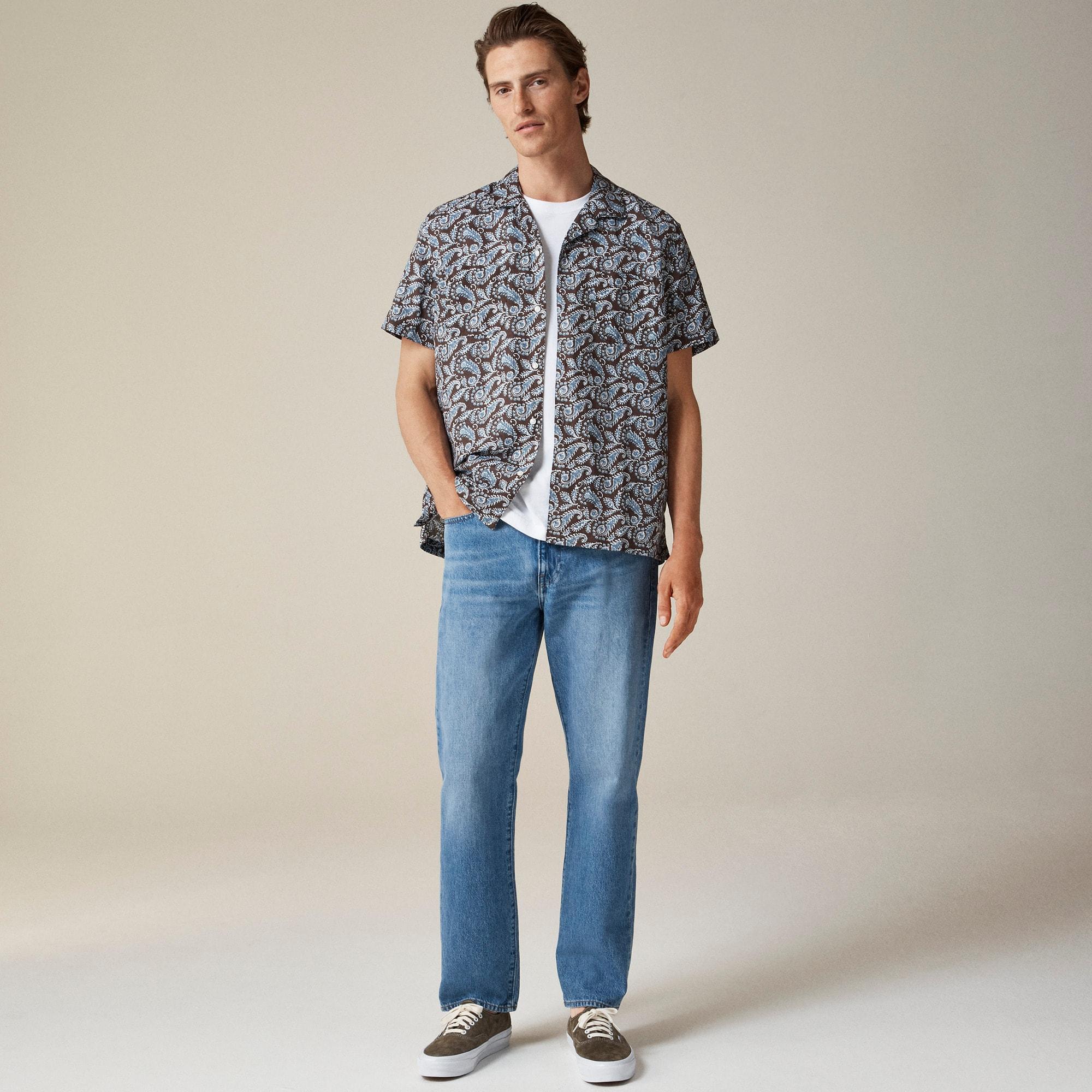 Short-sleeve slub cotton-linen blend camp-collar shirt in print Product Image