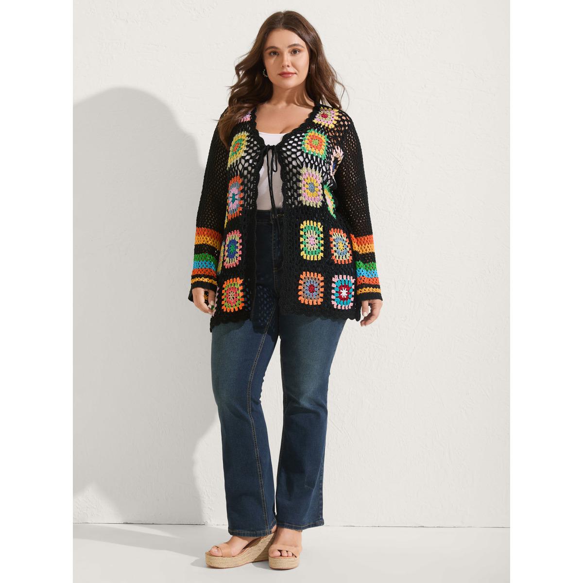 Plus Size Colorful Floral Crochet Tie Knit Cardigan Black Women Playful Loose Long Sleeve Vacation Cardigans BloomChic 22-24/3X Product Image