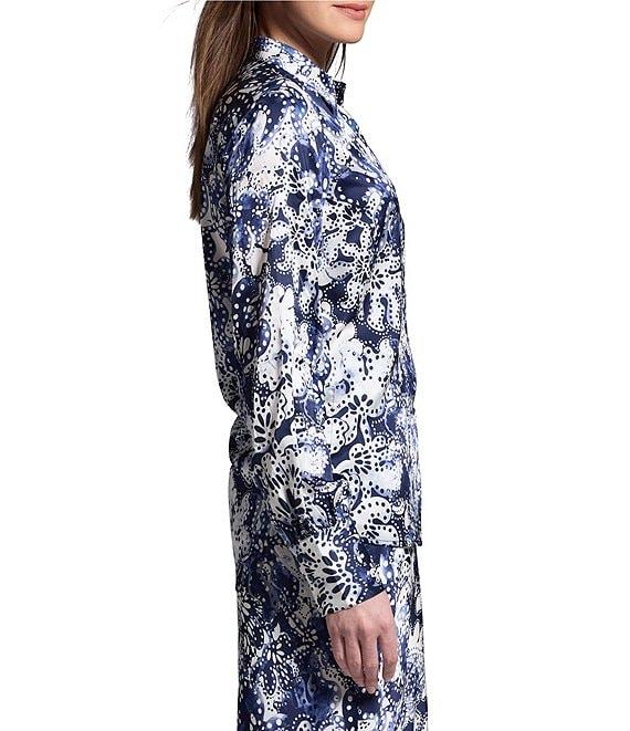 NIC + ZOE Twilight Blooms Stretch Silk Stand Collar Bishop Long Sleeve Shirt Product Image