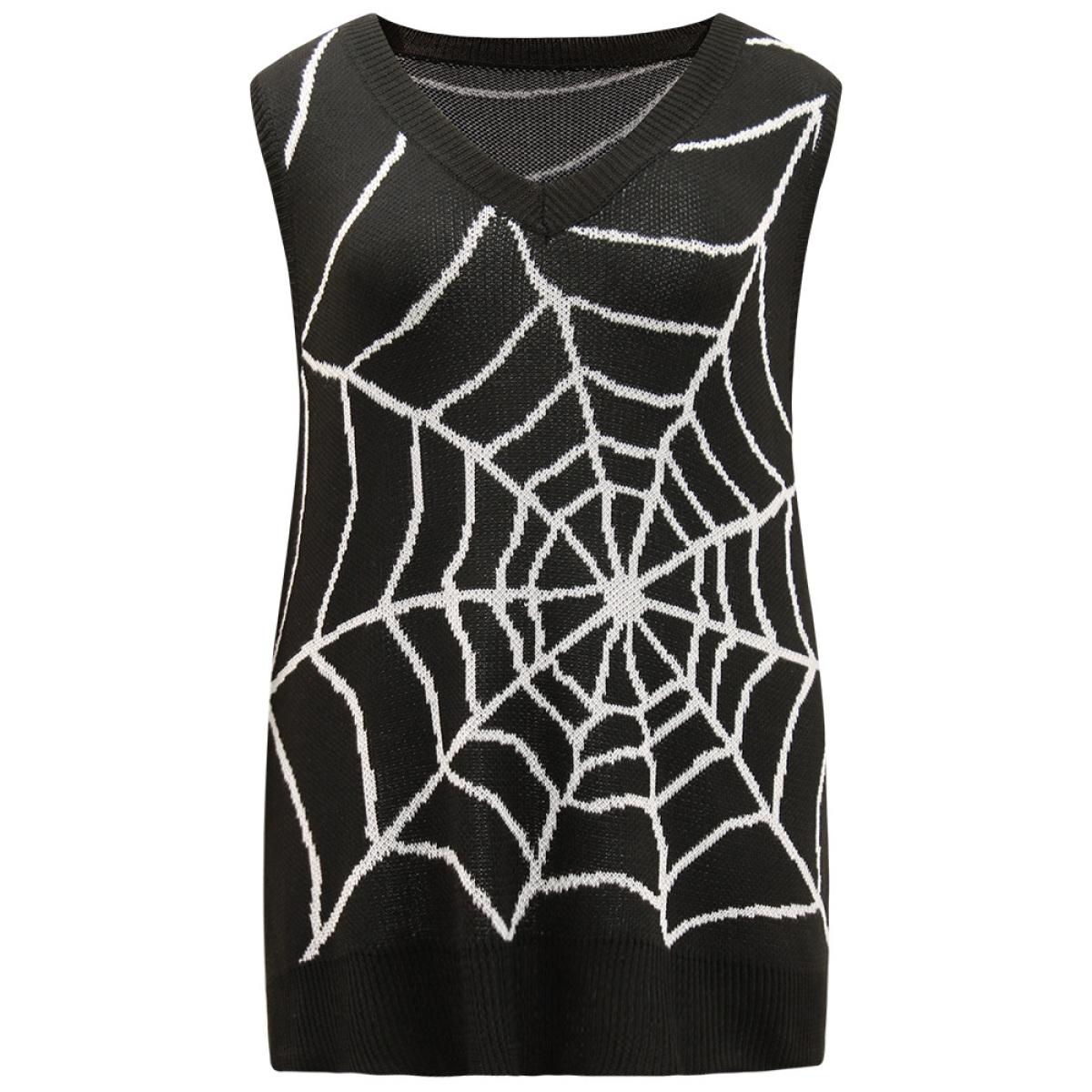Halloween Supersoft Essentials Spider Web V Neck Sweater Vest Plus Size Women Black Graphic-Halloween V-neck Casual Sweater Vests 12/L Bloomchic Product Image