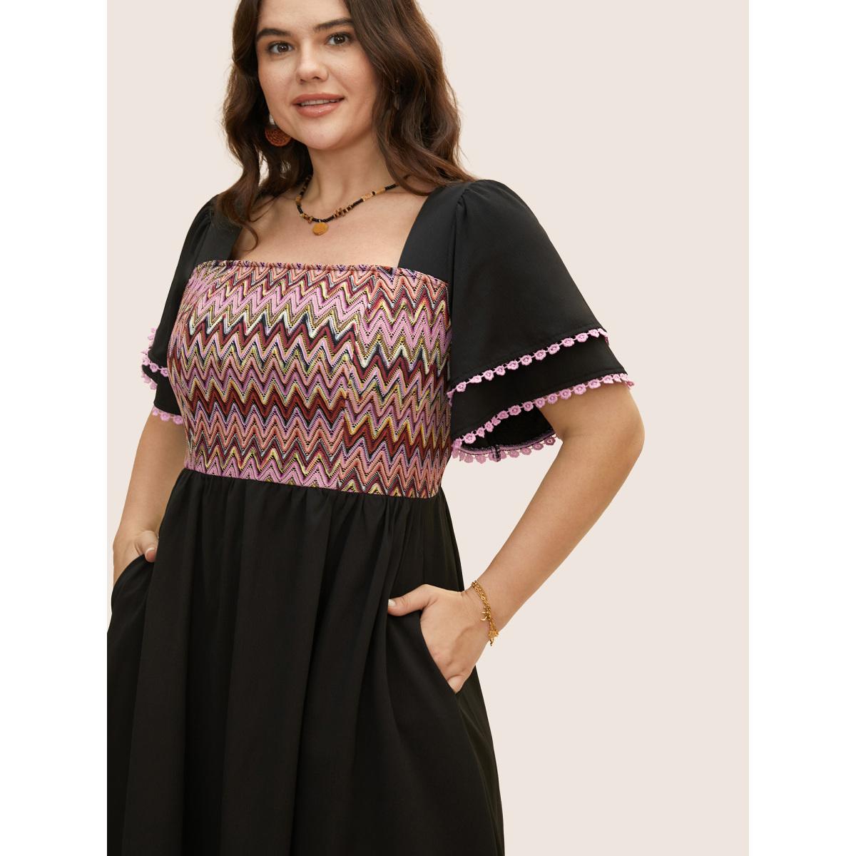 Plus Size Square Neck Textured Tiered Ruffle Sleeve Dress Black Women Resort Woven ribbon&lace trim Square Neck Short sleeve Curvy BloomChic 18-20/2X Product Image