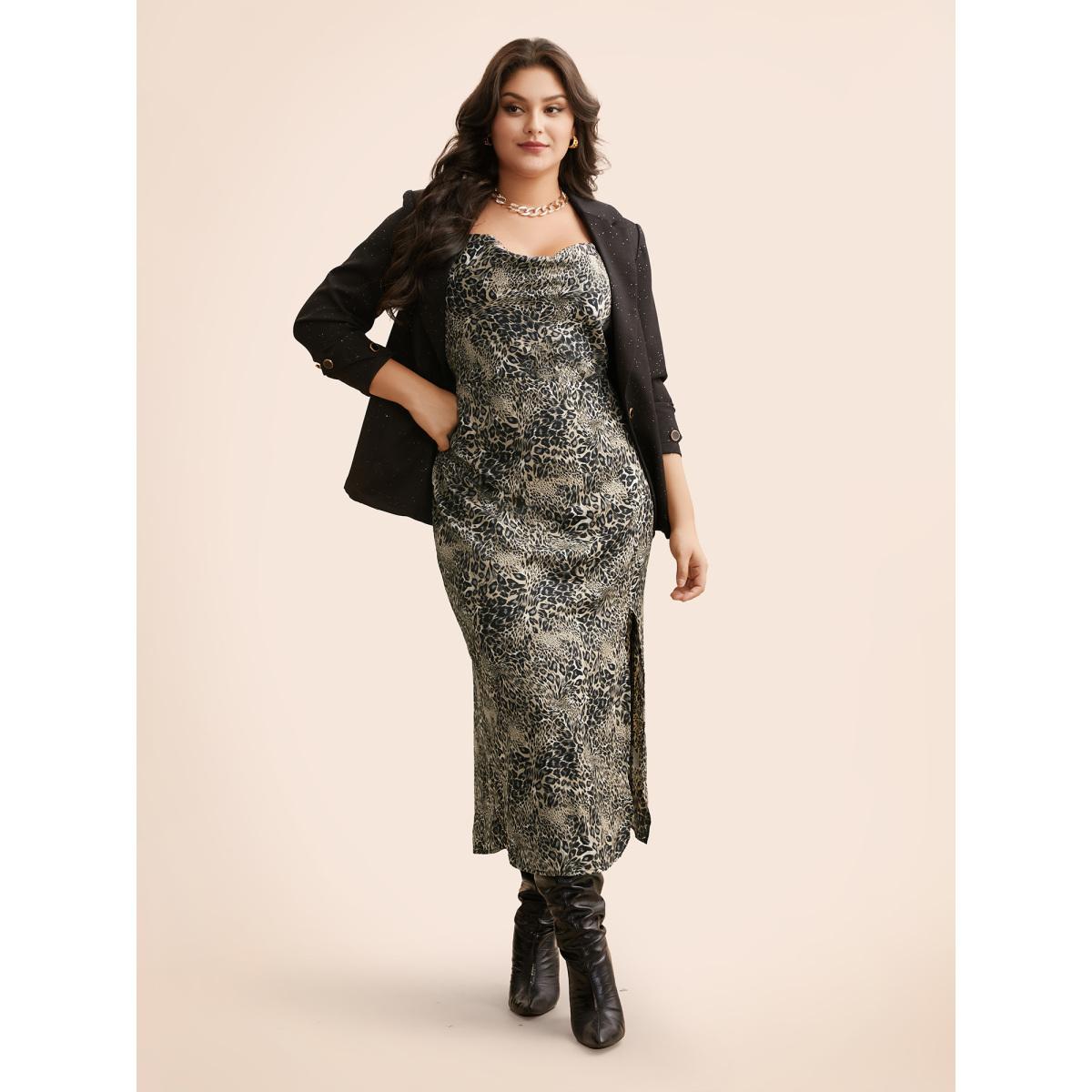 Plus Size Cowl Neck Leopard Print Maxi Dress Leopard Women Elegant Slit Cowl Neck Sleeveless Curvy BloomChic 22-24/3X Product Image