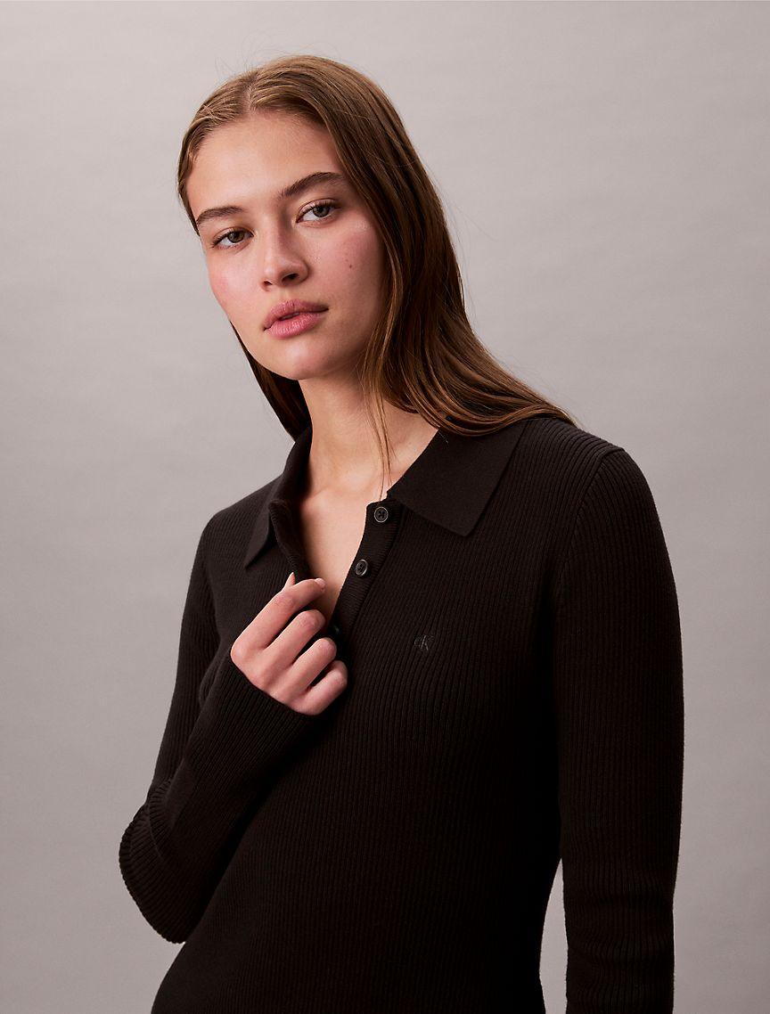 Cotton Rib V-Neck Polo Mini Dress Product Image