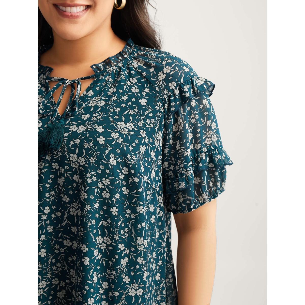 Plus Size Aegean Delicate Florals Ruffled Tiered Sleeve Blouse Women Timeless Short sleeve Round Neck Vacation Blouses BloomChic 28/5X Product Image