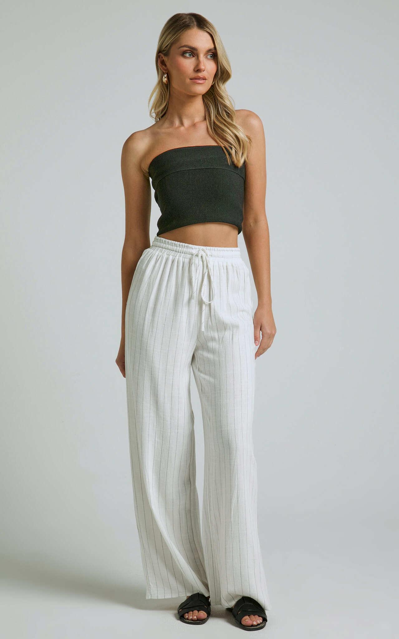 Barbra Pants - Pinstripe Linen High Waisted Relaxed Pants in White Stripe Product Image