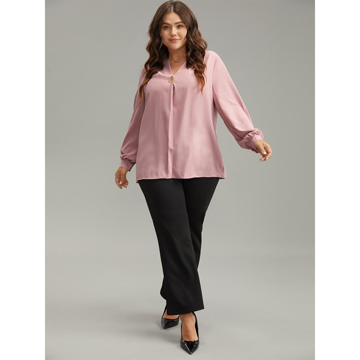 Plus Size DustyPink Plain Buckle Detail Pleated Blouse Women Office Long Sleeve V-neck Office Blouses BloomChic 12/L Product Image