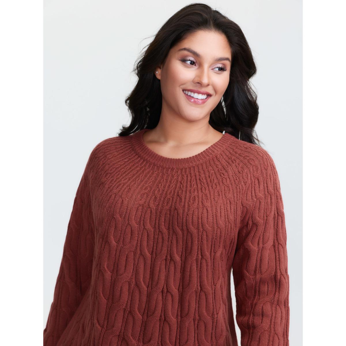 Plus Size Crew Neck Cable Knit Pullover Rust Women Leisure Loose Long Sleeve Round Neck Casual Pullovers BloomChic 18-20/2X Product Image