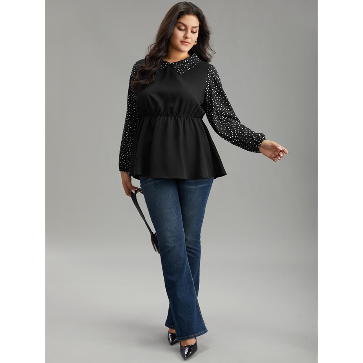 Plus Size Black Polka Dot Patchwork Lapel Collar Elastic Waist Blouse Women At the Office Long Sleeve Lapel Collar Office Blouses BloomChic 28/5X Product Image