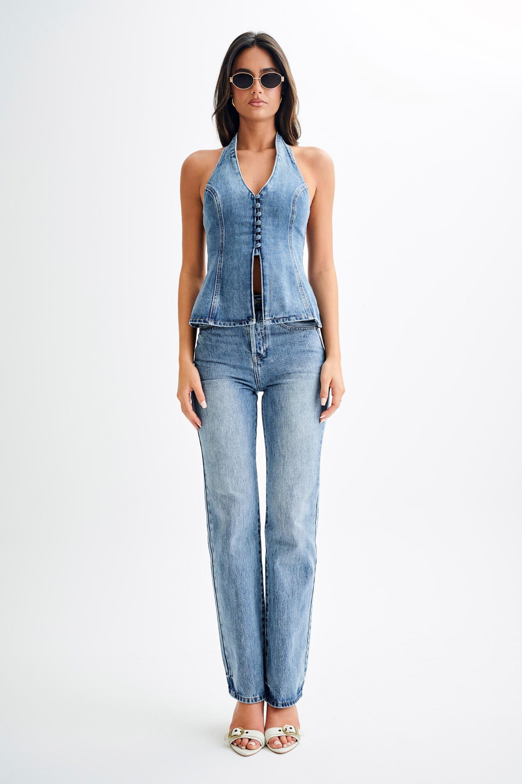 India Button Front Halter Denim Longline Top - Washed Mid Blue Product Image