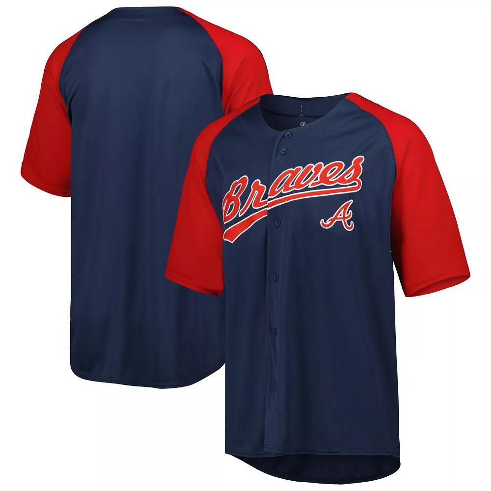 Men's Stitches Navy Atlanta Braves Button-Down Raglan Fashion Jersey, Size: Medium, Blue Product Image