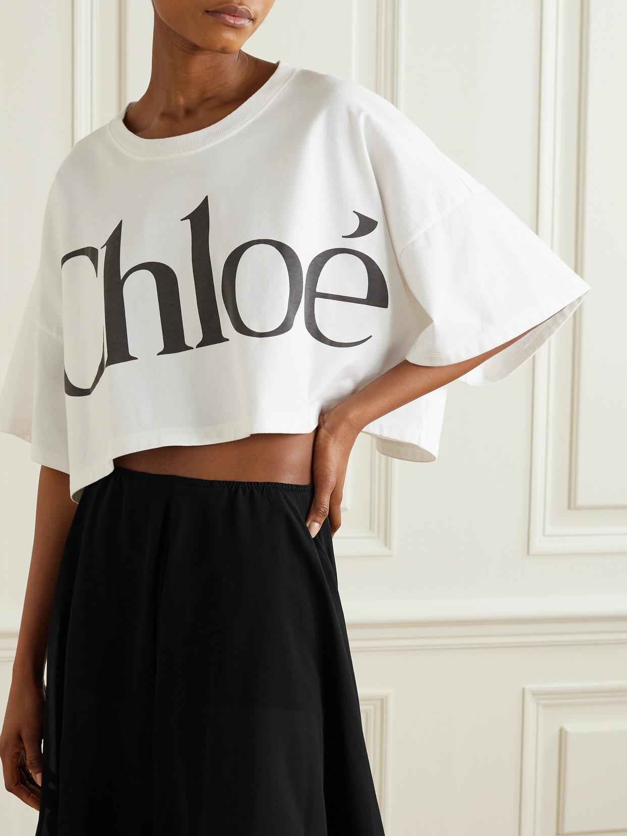 CHLOÉ White Cropped Crewneck T-shirt With Maxi Logo Print On The Front In Cotton Woman In Multicolor Product Image