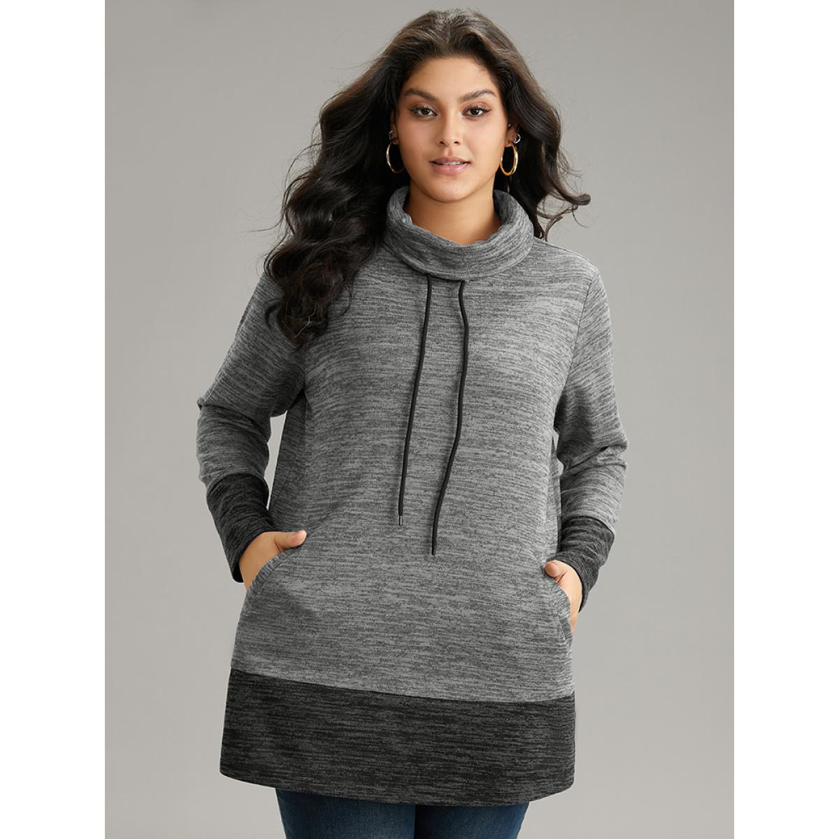 Plus Size Contrast Turtleneck Pocket Drawstring Sweatshirt Women DimGray Casual Contrast Turtleneck Dailywear Sweatshirts BloomChic 18-20/2X Product Image