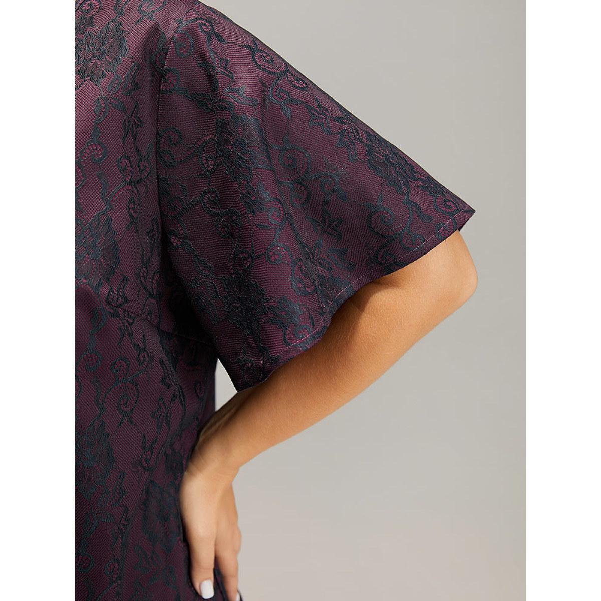 Plus Size Lace Crisscross Neck T-shirt Burgundy Women Elegant Lace Silhouette Floral Print V-neck Dailywear T-shirts BloomChic 28/5X Product Image