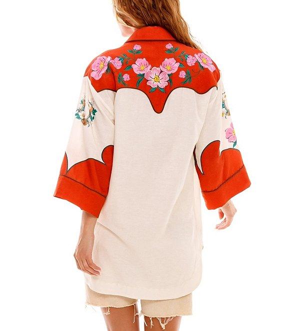 Agua Bendita Chrissy Nopal Floral Embroidered Point Collar 3/4 Sleeve Button Up Top Product Image
