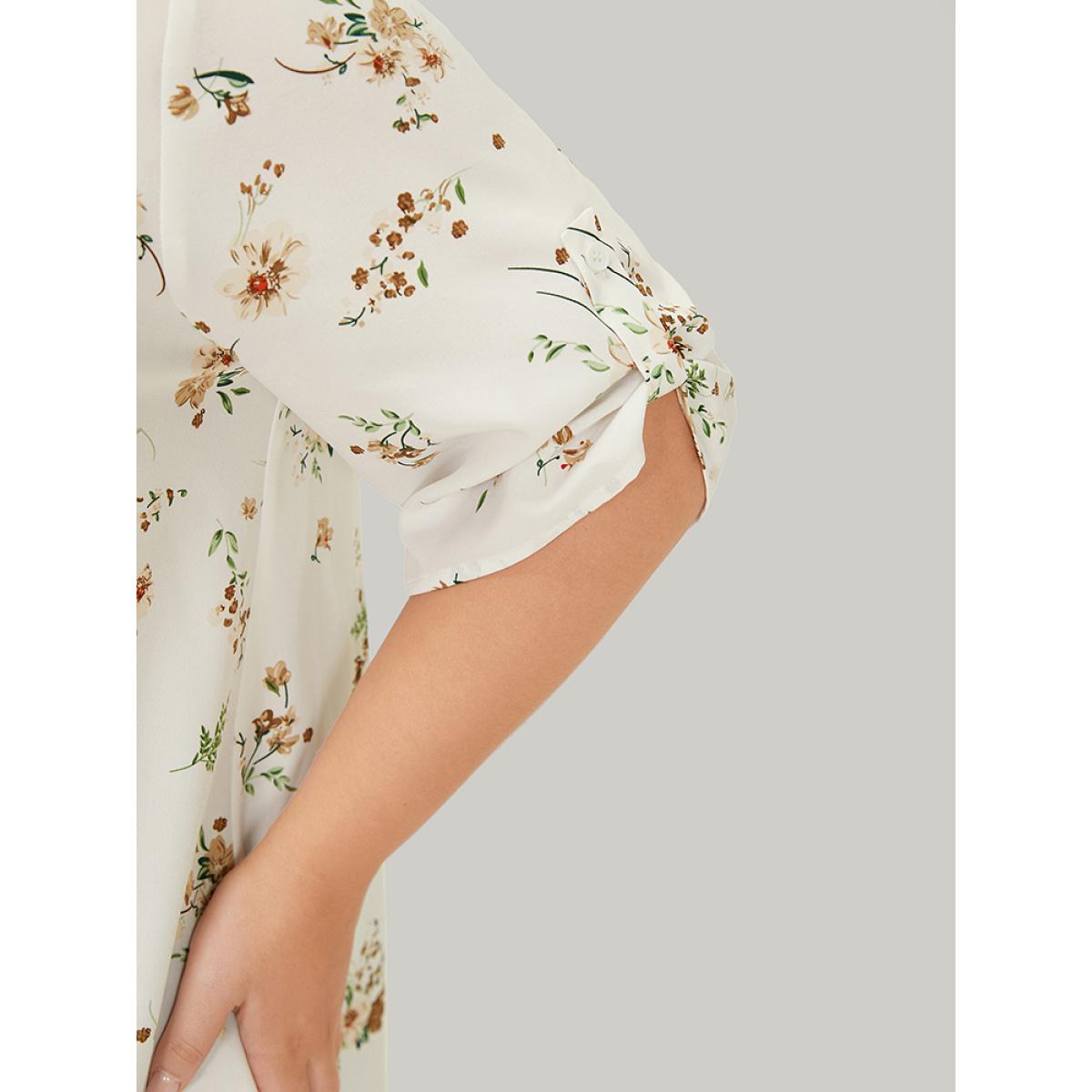 Plus Size White Floral Cuffed Sleeve Hanky Hem Keyhole Neck Blouse Women Elegant Half Sleeve V-neck Dailywear Blouses BloomChic 12/L Product Image