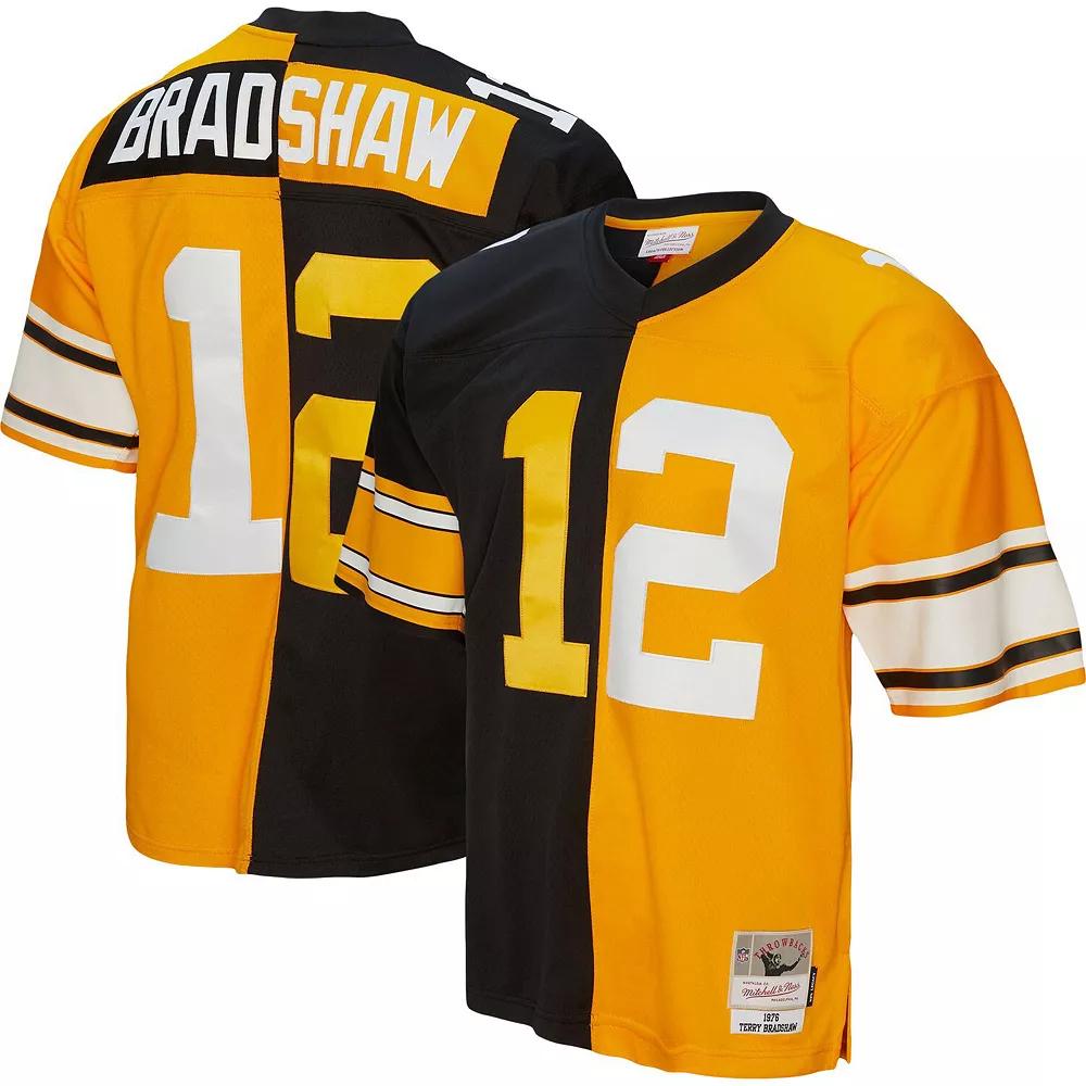 Men's Mitchell & Ness Terry Bradshaw Black/Gold Pittsburgh Steelers 1976 Split Legacy Replica Jersey, Size: Small Product Image