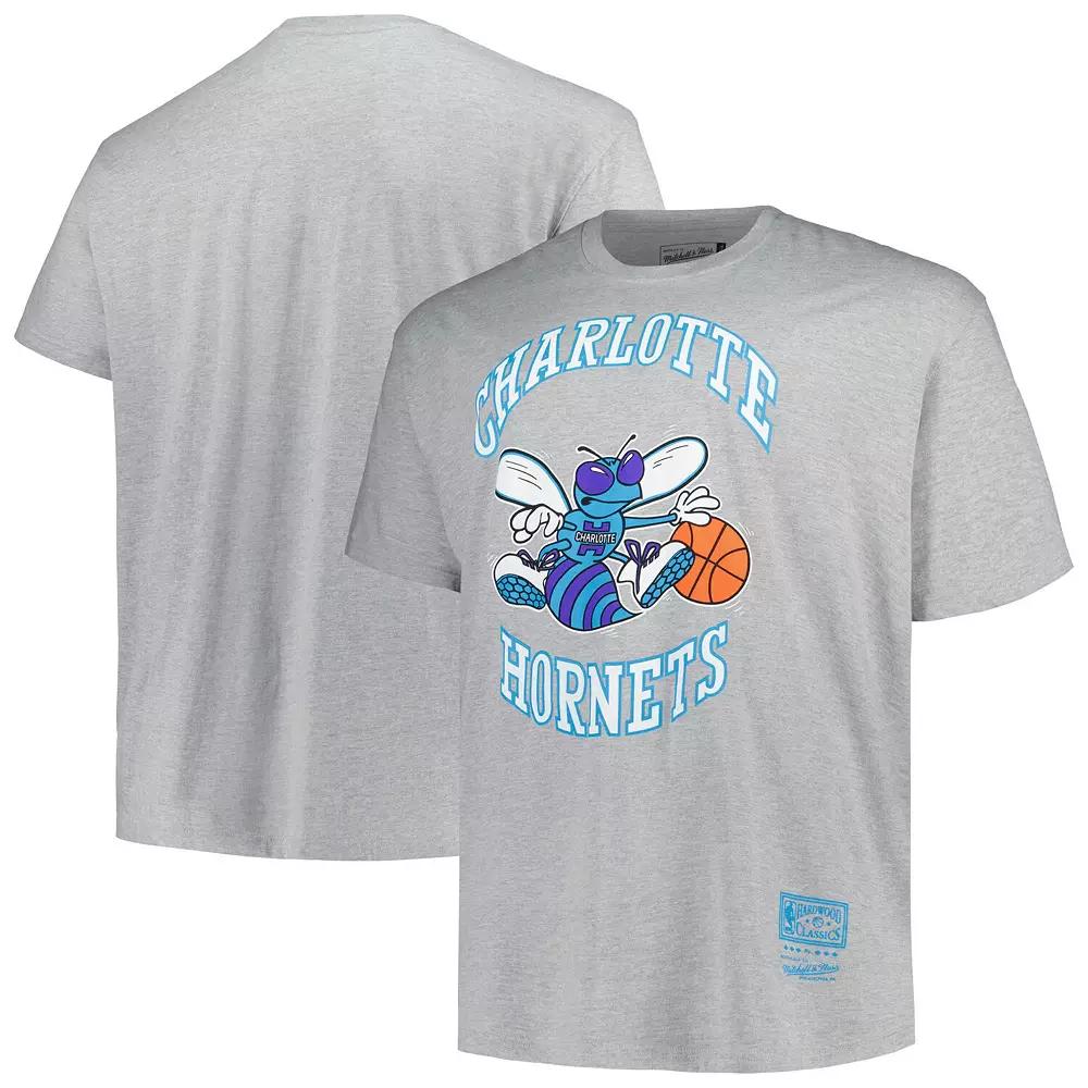 Men's Mitchell & Ness Heather Gray Charlotte Hornets Big & Tall Hardwood Classics Vintage Logo T-Shirt,  Product Image