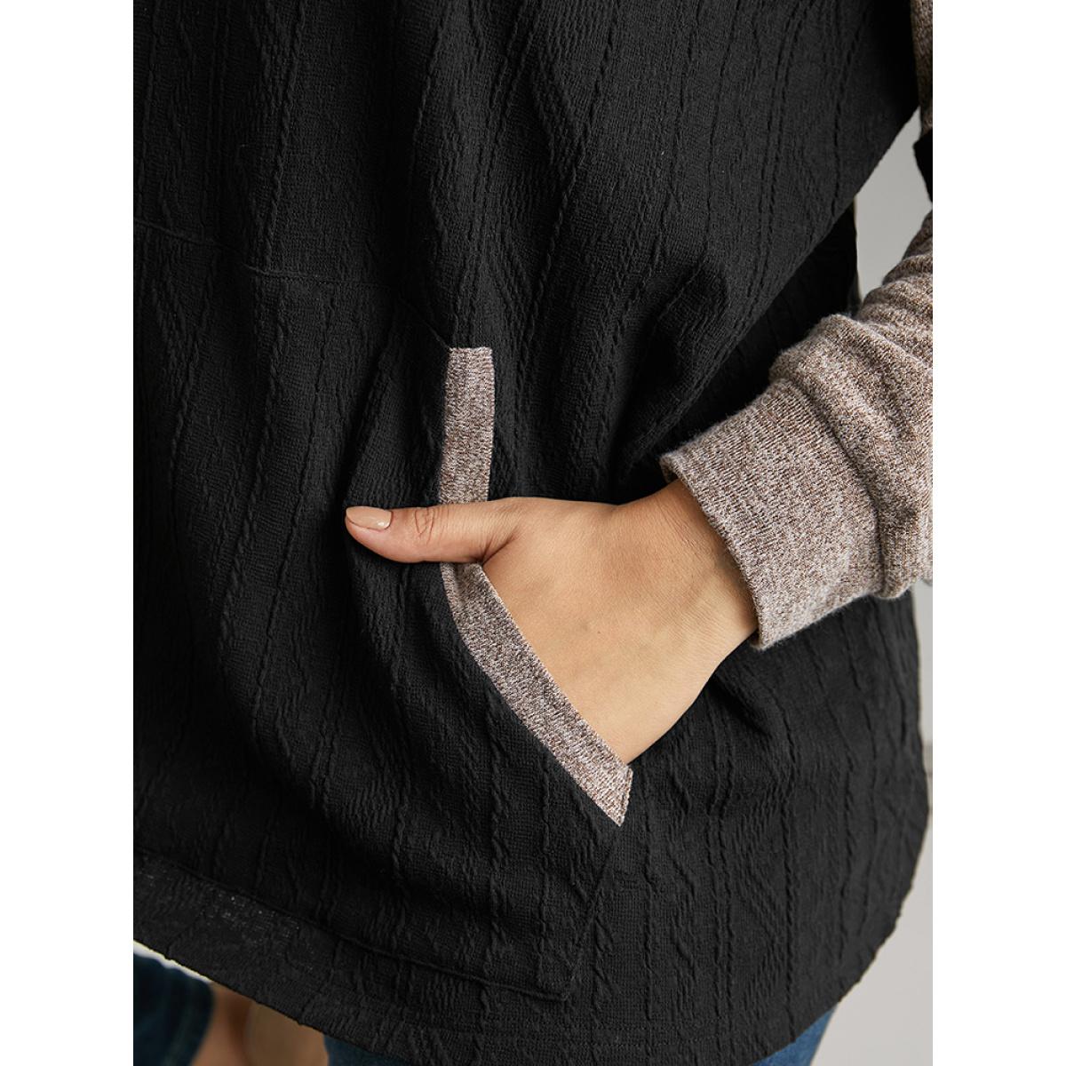 Plus Size Contrast Textured Raglan Sleeve Pocket Hooded Sweatshirt Women Black Casual Texture Hooded Dailywear Sweatshirts BloomChic 14-16/1X Product Image