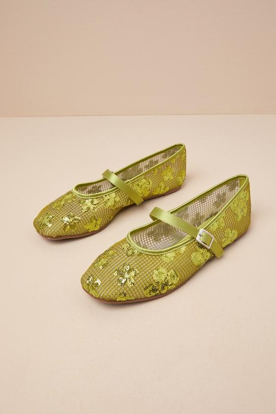 Cristen Green Mesh Sequin Buckle Ballet Flats Product Image