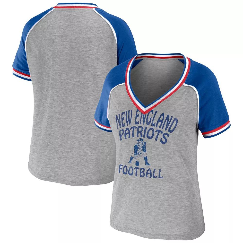 Women's WEAR by Erin Andrews Heather Gray New England Patriots Plus Size Throwback Raglan V-Neck T-Shirt, Size: 2XL, Grey Product Image