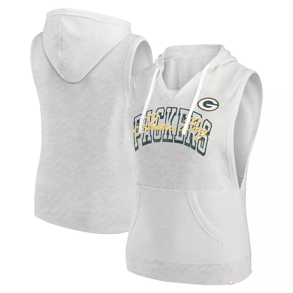 Women's Fanatics Oatmeal Green Bay Packers Lounge Script Sleeveless V-Neck Pullover Hoodie,  Product Image