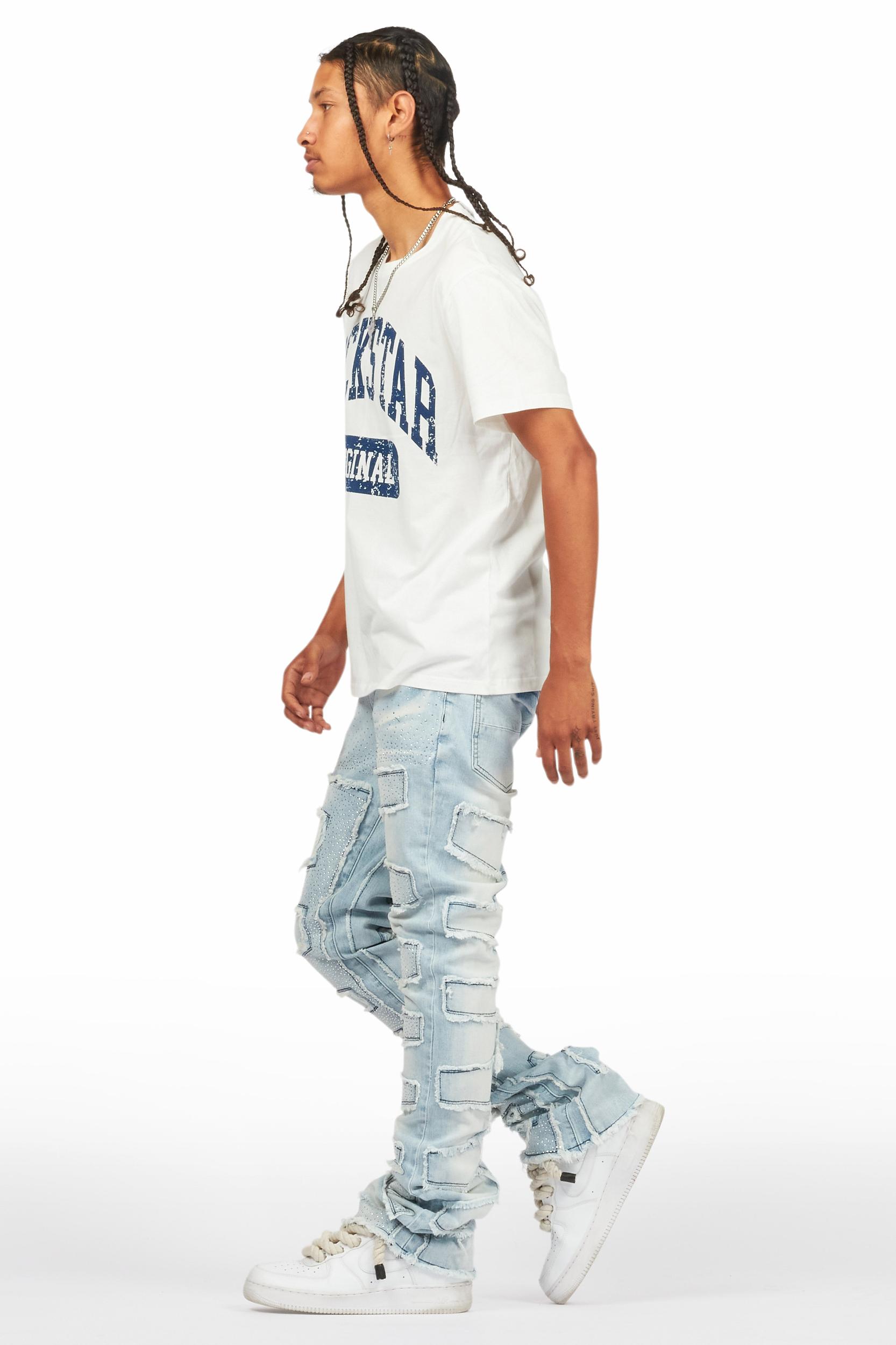 Shake Light Blue Rhinestone Stacked Flare Jean Male Product Image