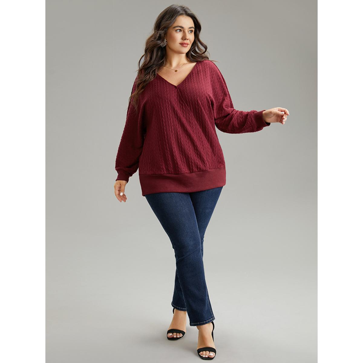 Plus Size Solid Rib Knit V Neck Sweatshirt Women Burgundy Casual Rib Knit V-neck Dailywear Sweatshirts BloomChic 12/L Product Image